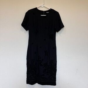 Helene Blake Vintage Black Velvet Floral Burnout Sheath Dress Short Sleeve Retro